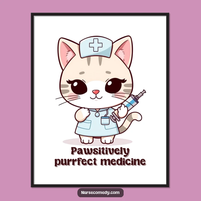 Free Printable Wall Art: Funny Cat Nurse, Oversized Syringe, Downloadable Decor