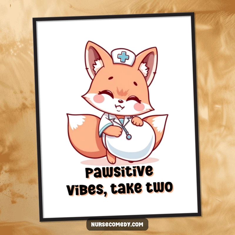 Funny Free Printable Wall Art: A cute Kawaii fox dressed as a nurse, peeking out playfully from behind a huge pill capsule with a big grin.