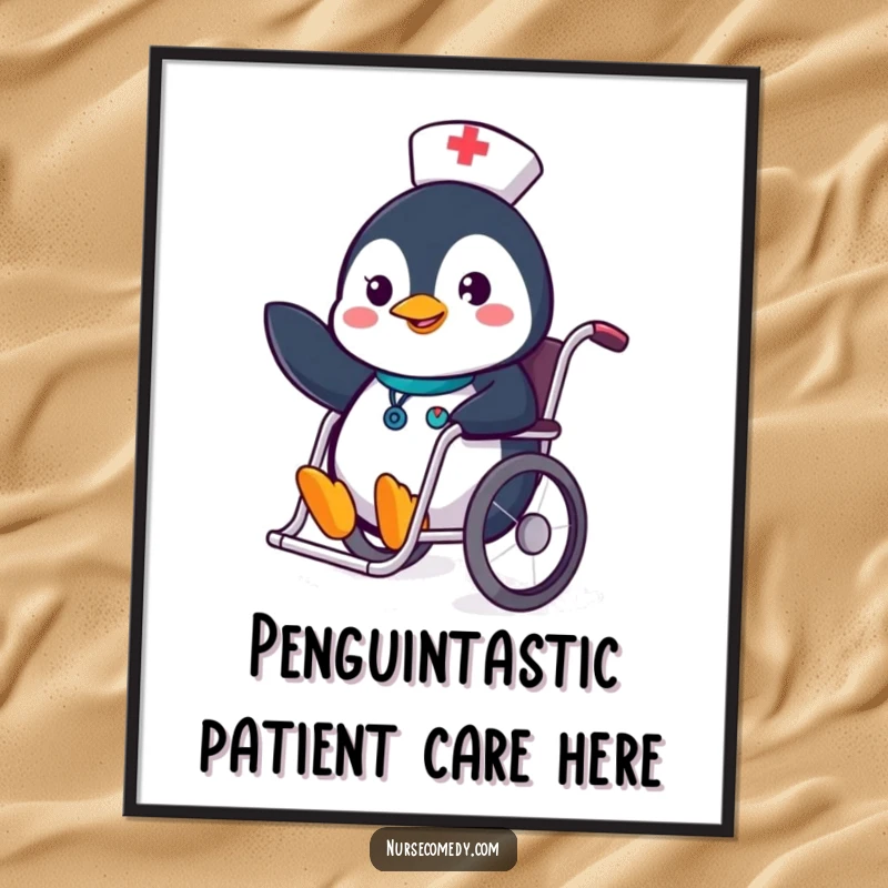 Playful Free Printable Penguin Nurse Wall Art: A cute penguin nurse slides in a wheelchair, waving hello with a cheerful attitude.