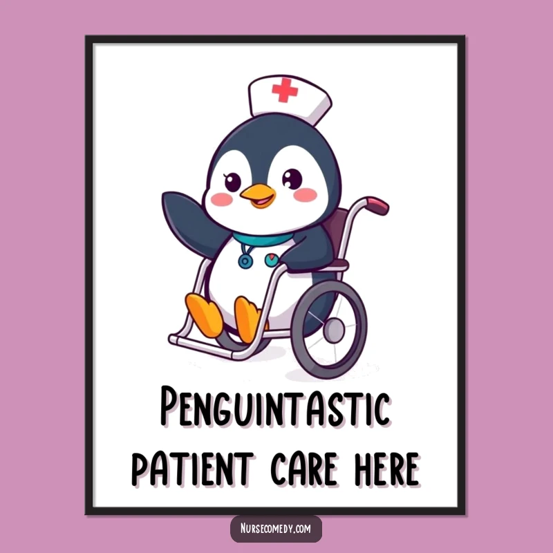 Penguin Nurse Free Printable Wall Art - Playful Wheelchair Sliding Downloadable Poster for Fun Decor