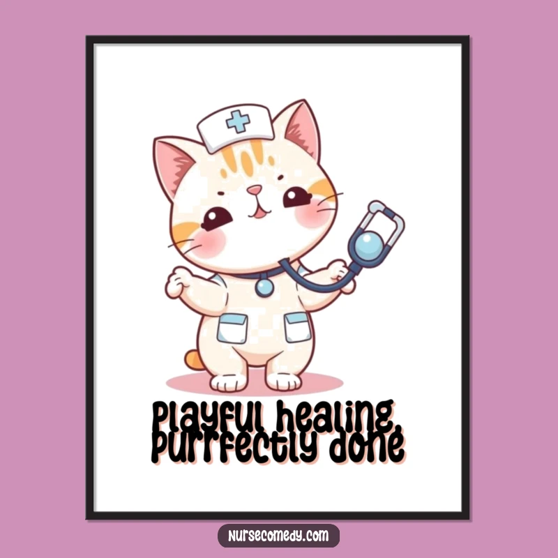 Funny Free Printable Wall Art: Kawaii Cat Nurse Stethoscope Art, Whimsical Downloadable Decor