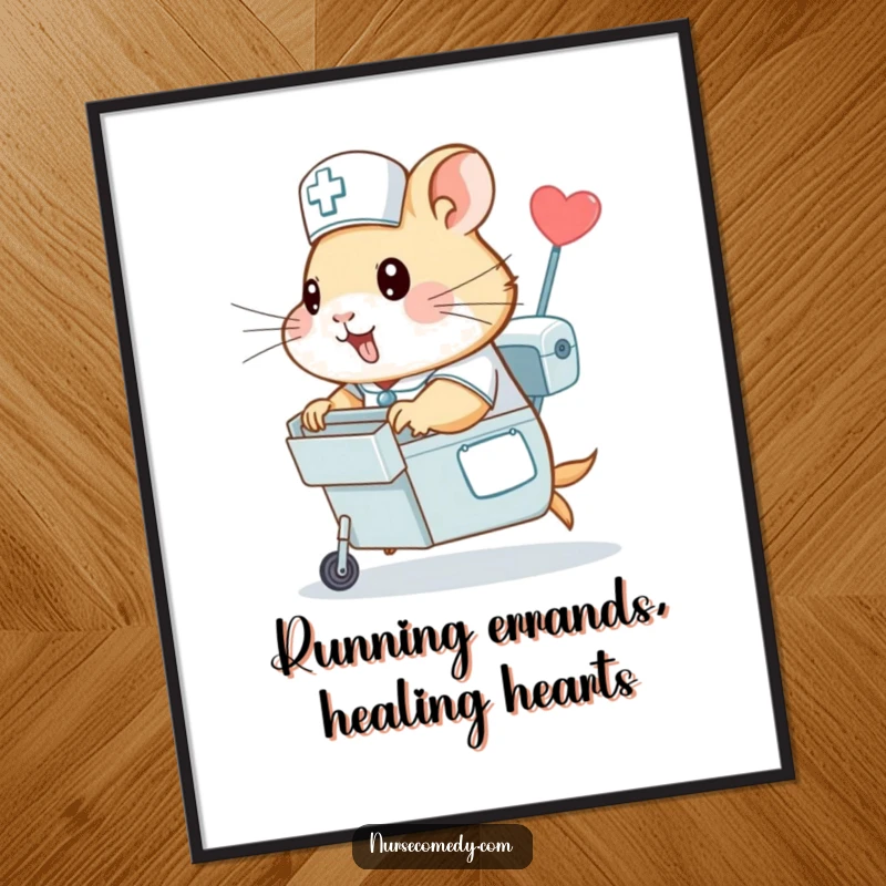 Funny Free Printable Wall Art: A hamster nurse character zipping through with a medicine cart, full of energy.