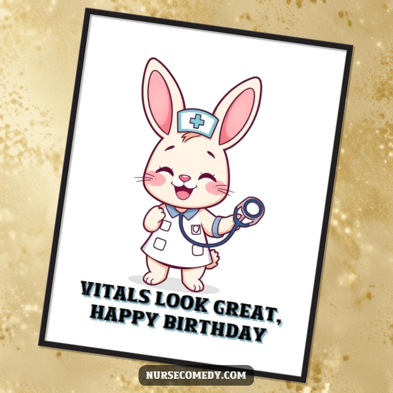 Funny Free Printable Wall Art: A kawaii bunny nurse character with a huge cheerful grin, merrily bouncing a stethoscope.
