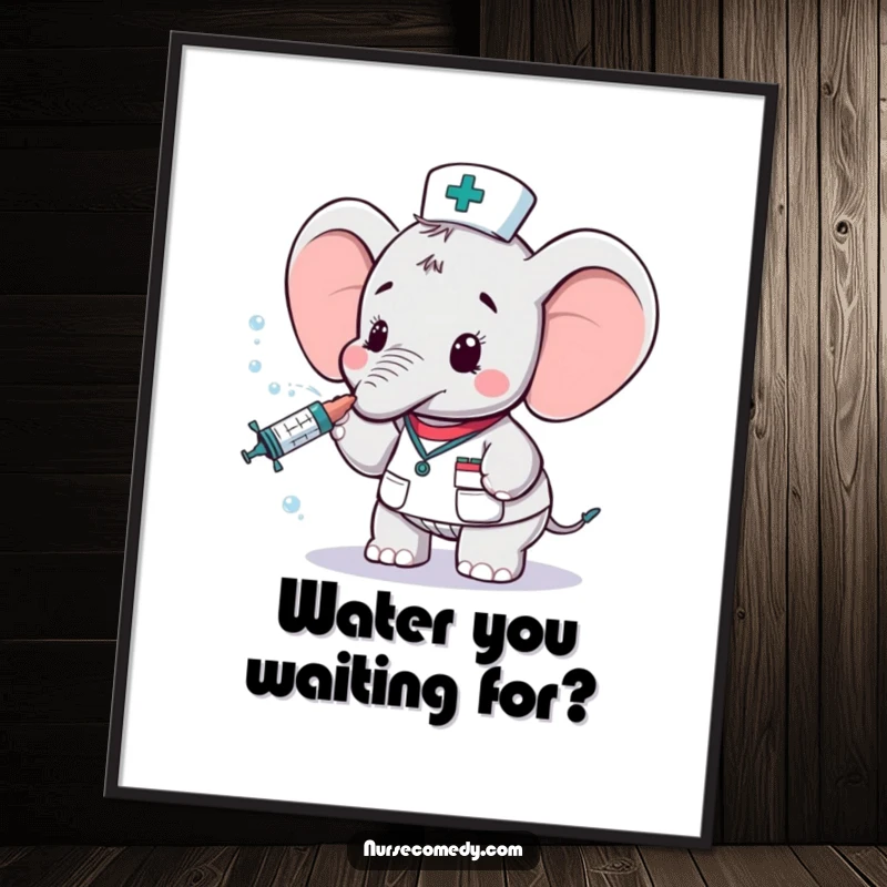 Funny Free Printable Wall Art: Silly elephant nurse character spraying a gentle mist from a syringe, perfect for quirky decor.
