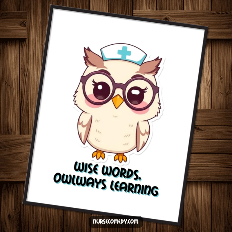 Funny Free Printable Kawaii Owl Nurse Wall Art, cute owl peering through big glasses, perfect for wise and whimsical decor.
