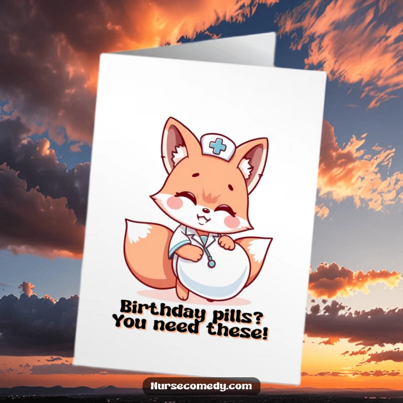 Funny Free Printable Birthday Card: Kawaii fox nurse peeking playfully from behind a giant pill, grinning mischievously.