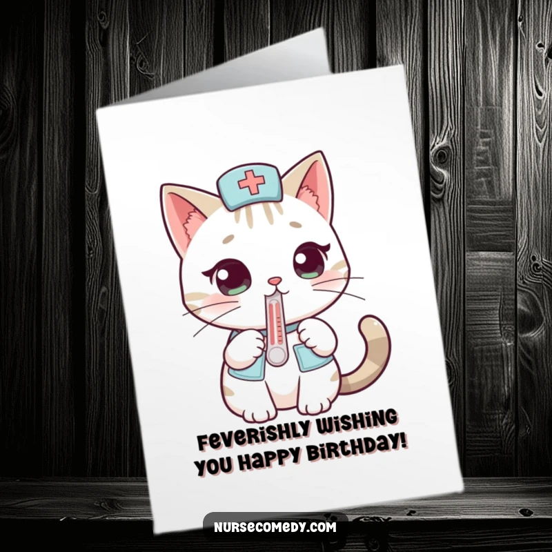 Funny Free Printable Cat Nurse Birthday Card: Adorable feline doctor with thermometer checks temperature, delivering a warm, humorous wish.