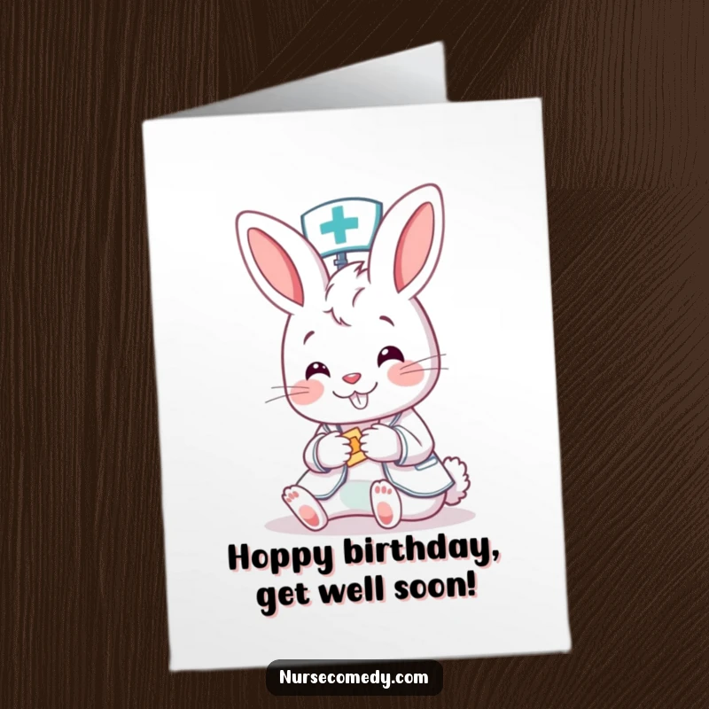 Funny Free Printable Birthday Card: A friendly cartoon bunny nurse gently applies a colorful bandage to a tiny patient.