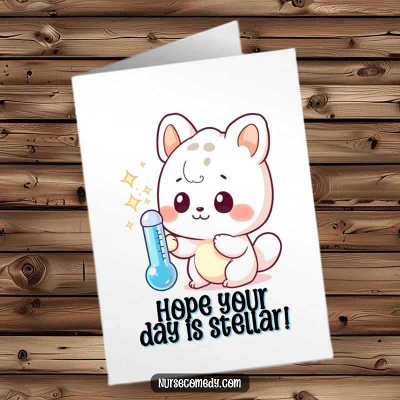 Funny Free Printable Birthday Card featuring a cute kawaii animal curiously examining a sparkling thermometer, ready to celebrate.
