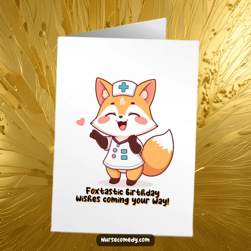Funny Free Printable birthday card: Joyful fox nurse giving a playful, enthusiastic pat on the back, celebrating a special day.