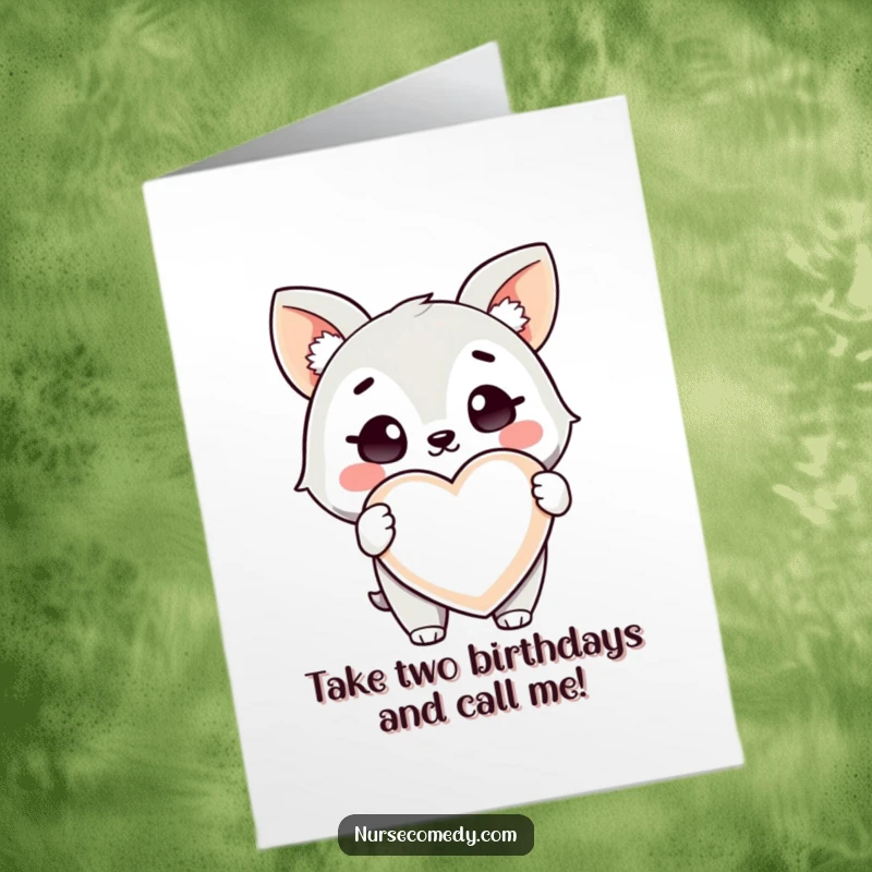 Funny Free Printable Birthday Card: A winking Kawaii animal holds a giant heart pill, offering a dose of birthday cheer.
