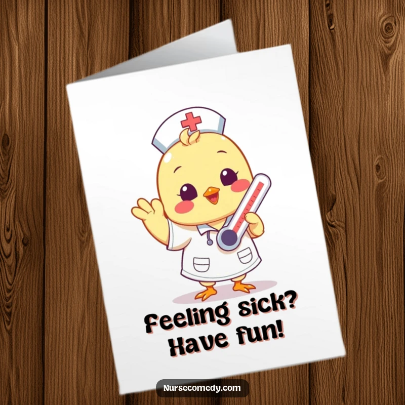 Funny Free Printable Birthday Card: A cute Kawaii chick dressed as a nurse, cheerfully waving hello while holding a thermometer.