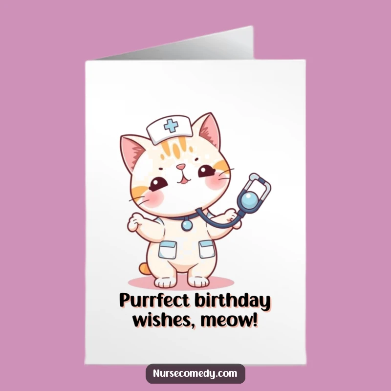 Free Printable Birthday Card: Kawaii Cat Nurse Stethoscope Fun, Playful Humorous Downloadable Gift
