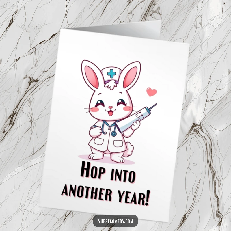 Funny Free Printable Birthday Card: A smiling kawaii bunny nurse wields a giant syringe cheerfully.