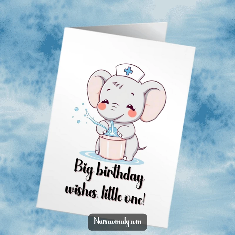 Funny Free Printable Elephant Nurse Birthday Card depicting a kawaii character joyfully splashing water from a tiny bucket, perfect for a happy greeting.