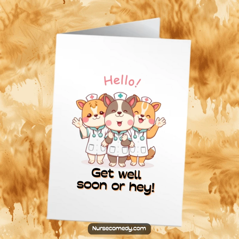 Funny Free Printable Birthday Card featuring a group of cute animal nurses waving hello with cheerful expressions, perfect for a DIY gift.