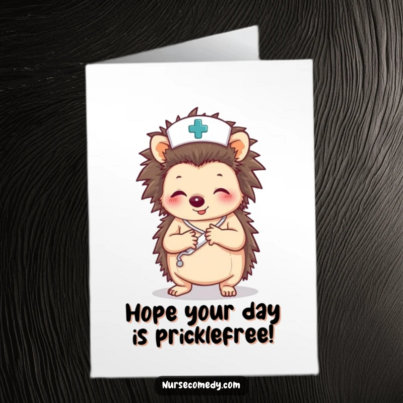 Funny Free Printable Birthday Card: A cute hedgehog nurse character carefully wrapping a paw with a bandage.