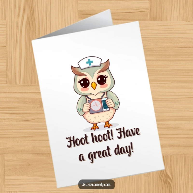 Funny Free Printable Birthday Card: An owl nurse character diligently checking a heart monitor display for birthday cheer.