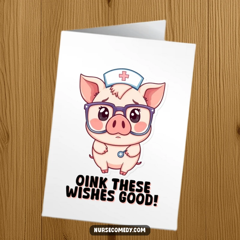 Funny Free Printable Birthday Card: Kawaii pig nurse with oversized glasses looking surprised, ideal for a medical birthday.