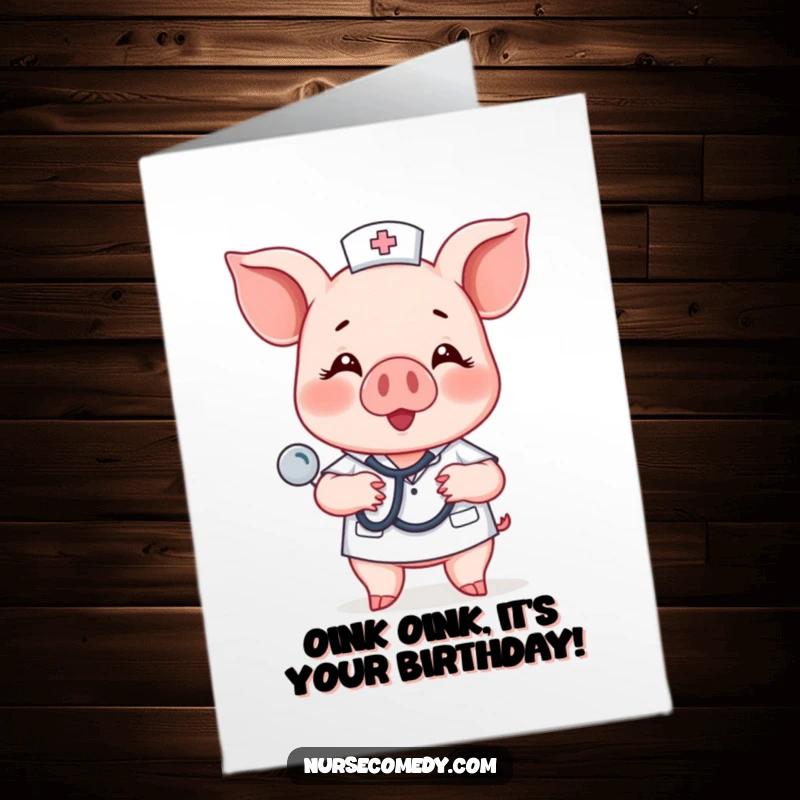Funny Free Printable Birthday Card: A happy piglet nurse listens to a chest with a stethoscope.