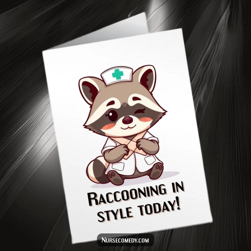 Funny Free Printable birthday card: A cheeky raccoon nurse expertly ties a bandage with a playful wink.