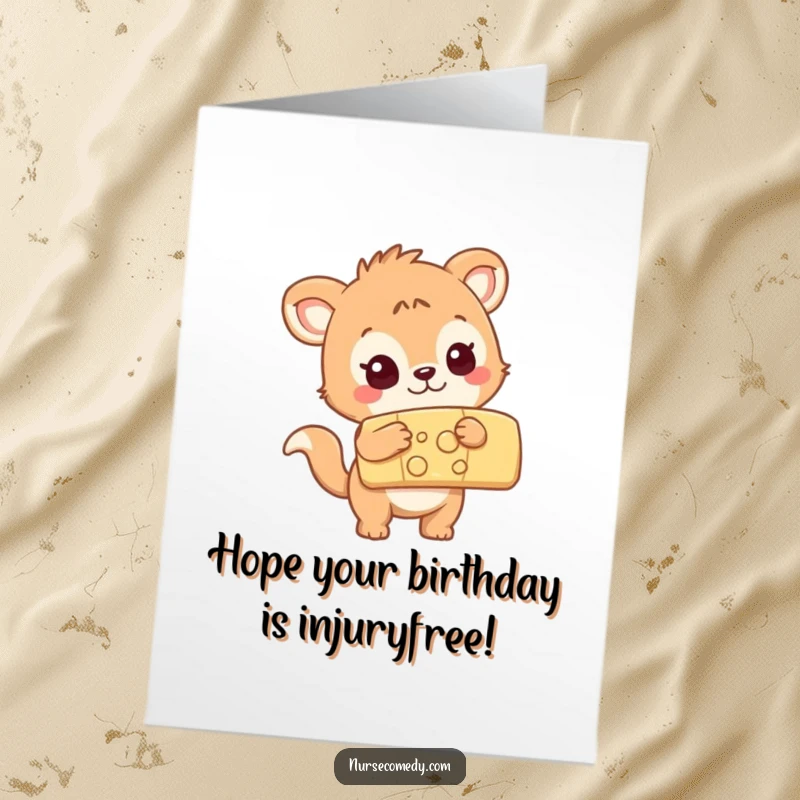 Funny Free Printable Birthday Card: curious animal examining a large colorful bandage, a humorous downloadable gift.