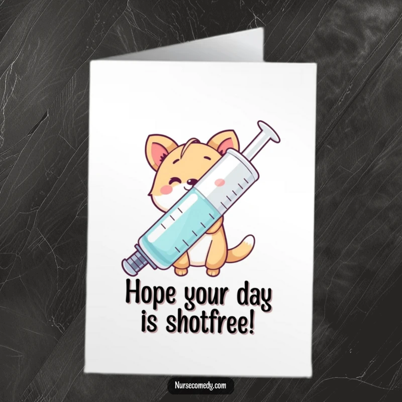 Funny Free Printable Birthday Card featuring a smiling animal peeking from behind a giant syringe, a quirky DIY gift.