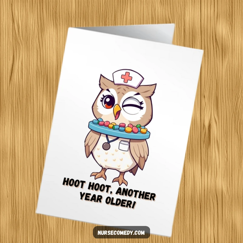 Funny Free Printable Owl Nurse Birthday Card winking and balancing pills on beak, perfect for a medical professional.