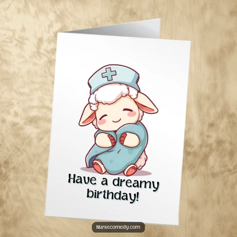 Funny Free Printable Birthday Card: Sleepy sheep nurse wearing nightcap, holding comfort blanket, wishing sweet birthday dreams.
