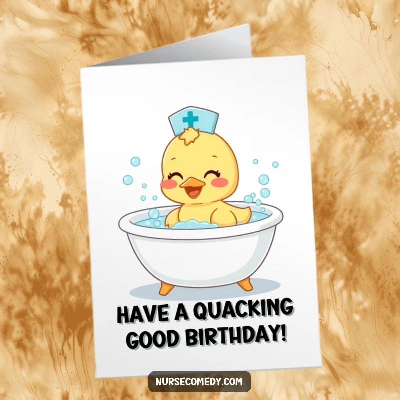 Funny Free Printable birthday card: A happy duckling nurse splashing playfully in a tiny bathtub filled with joyful bubbles.