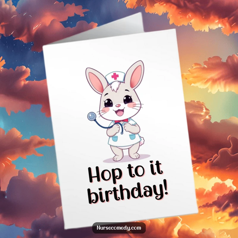 Funny Free Printable Birthday Card: Kawaii bunny nurse bouncing stethoscope, cheerful grin, perfect DIY gift.