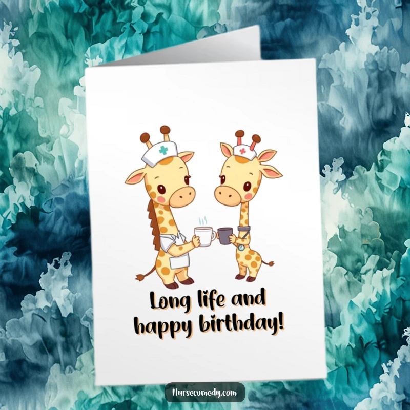 Heartwarming Free Printable Birthday Card: Giraffe nurse gently offers a tiny cup to a friend, showing care.