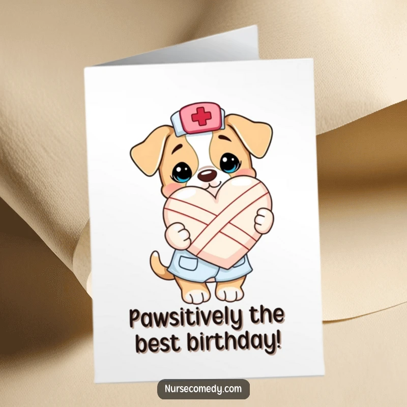 Funny Free Printable Birthday Card featuring a kawaii puppy nurse holding a bandaged heart, ready to spread birthday cheer.