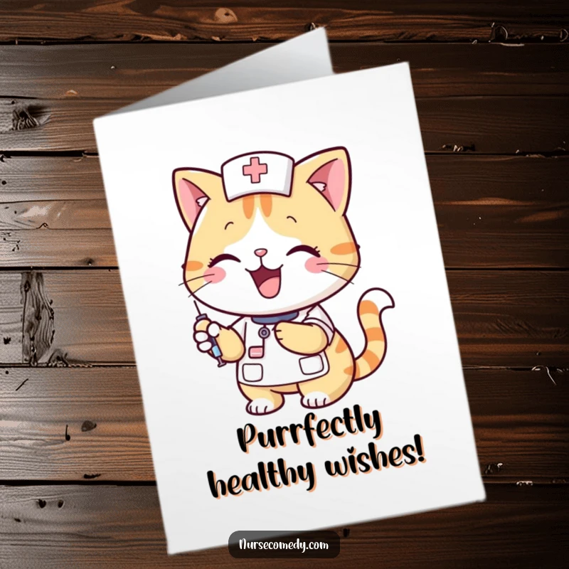 Funny Free Printable Birthday Card: A smiling cat nurse happily holds a syringe, ready to administer birthday cheer.