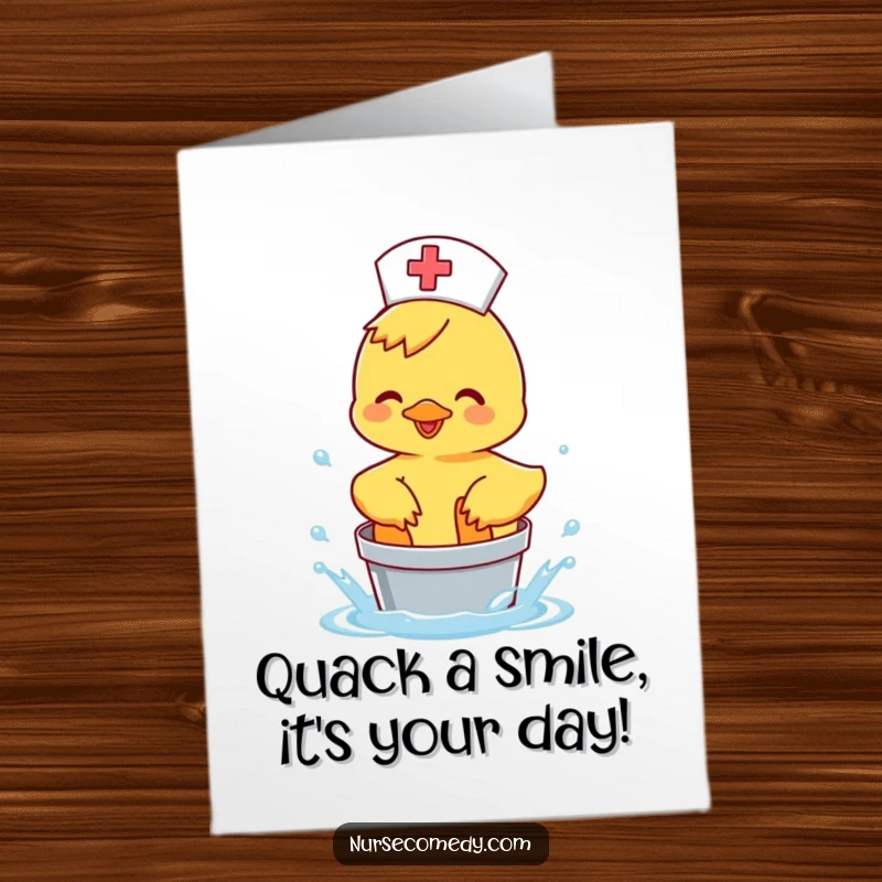 Free Printable Birthday Card: Happy duck nurse splashing water in a bucket, funny animal gift.