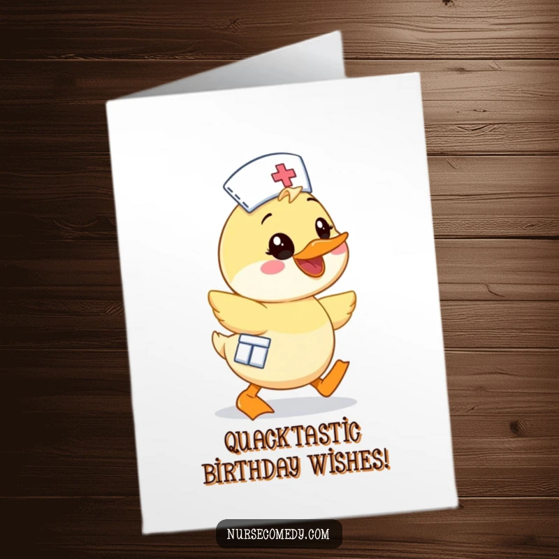 Funny Free Printable Duck Nurse Birthday Card showing a kawaii character waddling enthusiastically with a big smile, perfect for a cheerful birthday wish.