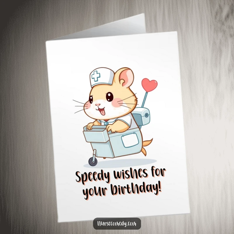 Energetic Free Printable Birthday Card: Hamster nurse zipping with a medicine cart, delivering birthday cheer.