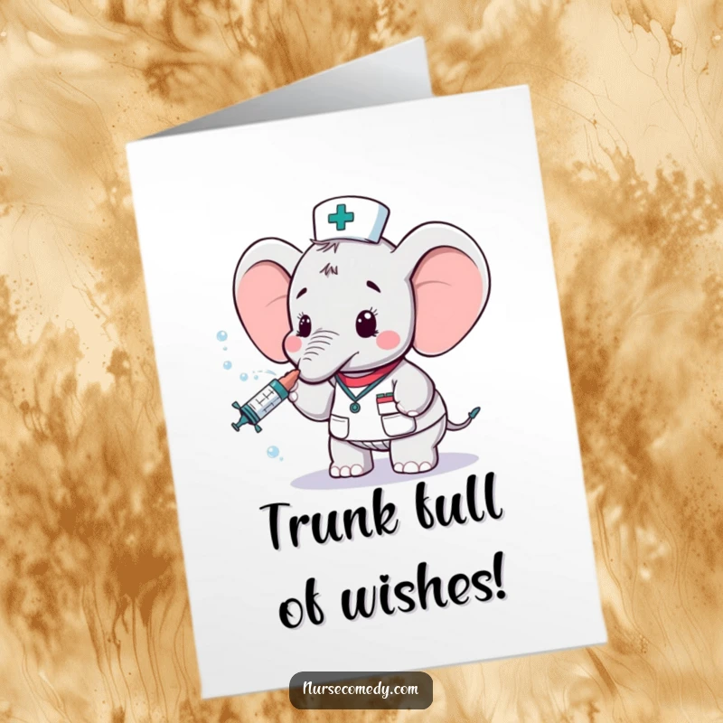 Funny Free Printable Birthday Card: Silly elephant nurse spraying water mist from syringe with a cheerful expression.
