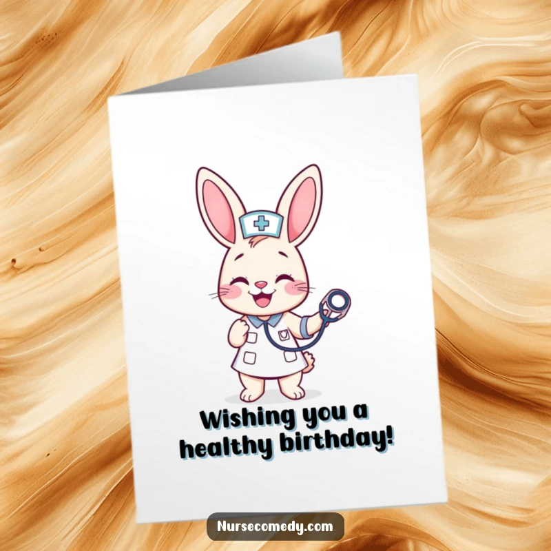 Funny Free Printable Birthday Card: A kawaii bunny nurse merrily bouncing a stethoscope with a huge, happy grin.