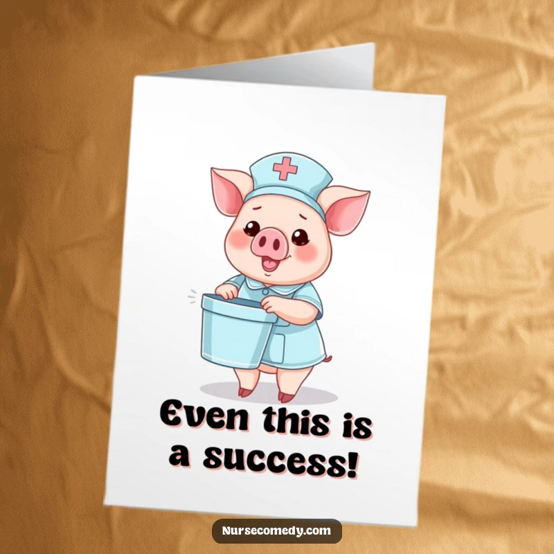Funny Free Printable Congratulations Card: Pig nurse cheerfully waves with a tiny bedpan, signifying a successful procedure.