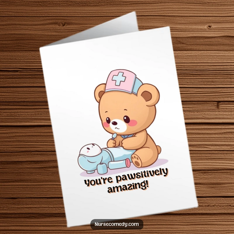 Funny Free Printable Congratulations Card: A caring bear cub nurse with a hat congratulates someone.