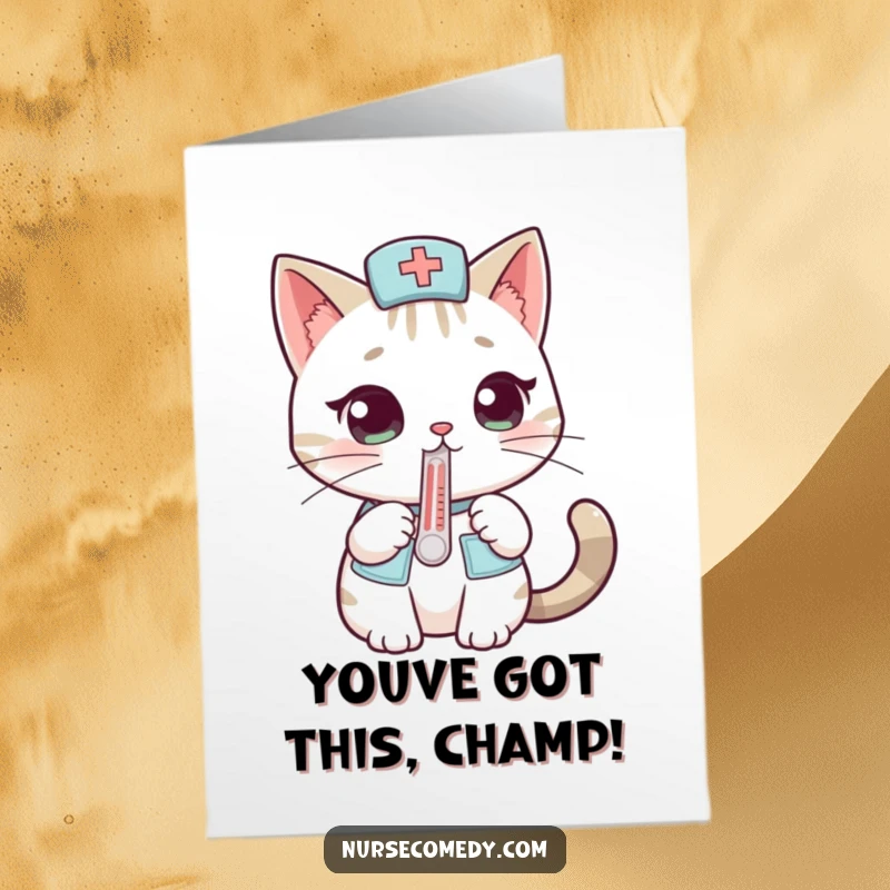 Funny Free Printable Cat Nurse Congratulations Card: Whimsical cat doctor holding thermometer congratulates with a sly, humorous look.