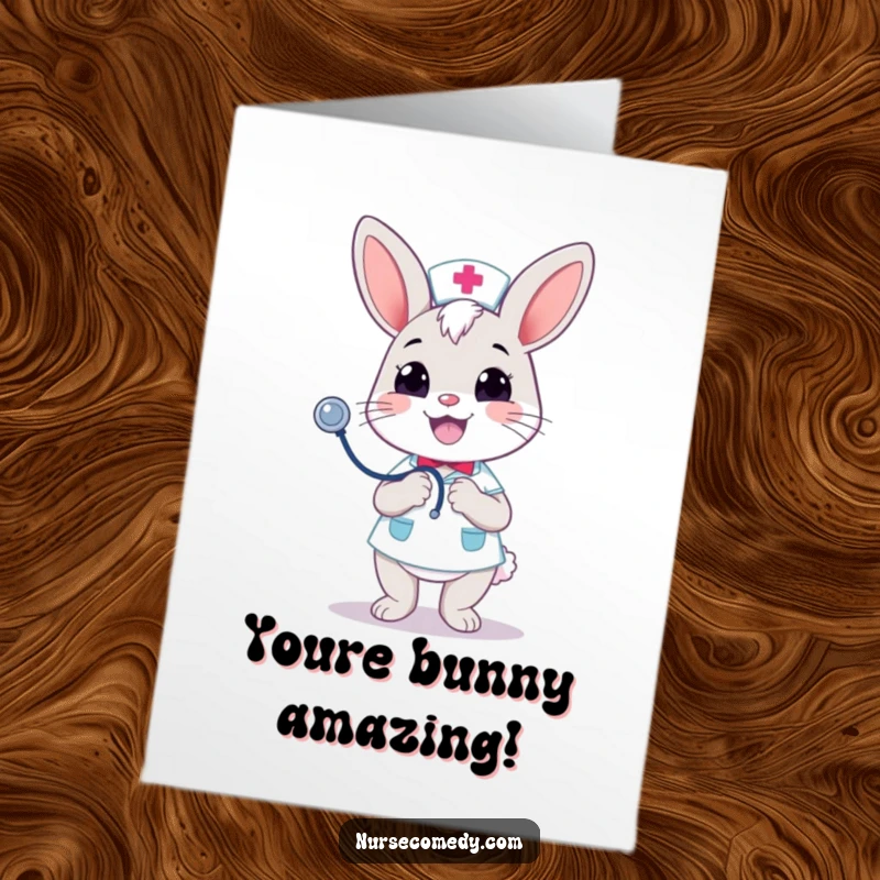 Funny Free Printable Congrats Card: Kawaii bunny nurse merrily bouncing stethoscope, cheerful grin, great DIY gift.