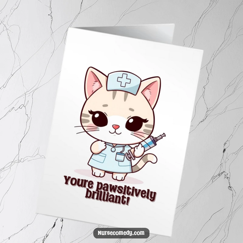 Funny Free Printable Congrats Card: Kawaii cat nurse slyly offering tiny oversized syringe, wink, great DIY gift.