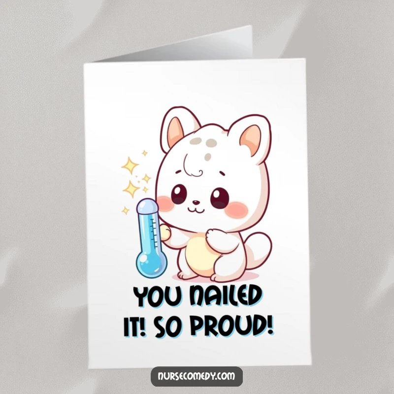 Funny Free Printable Congratulations Card with a curious kawaii animal checking a thermometer, celebrating achievements with humor.