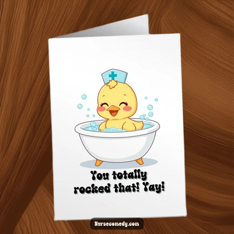 Funny Free Printable congrats card: A delightful duckling nurse gleefully splashing in a small bathtub surrounded by cheerful bubbles.