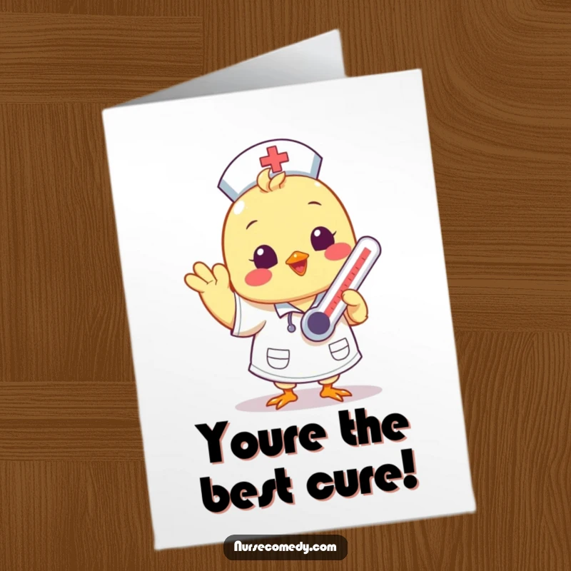 Funny Free Printable Congrats Card: A sweet Kawaii chick nurse character waves happily, holding a thermometer, celebrating good news.