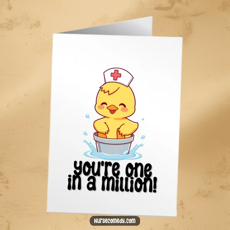 Funny Free Printable Card: Duck nurse happily splashing water, celebratory downloadable art.