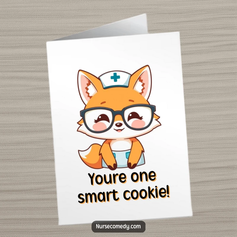Funny Free Printable Fox Nurse Congratulations Card: Clever fox nurse with glasses, smiling warmly to congratulate an achievement.