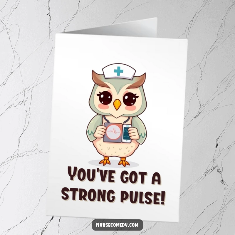 Funny Free Printable Congratulations Card: Owl nurse checks heart monitor, symbolizing careful attention and good results.